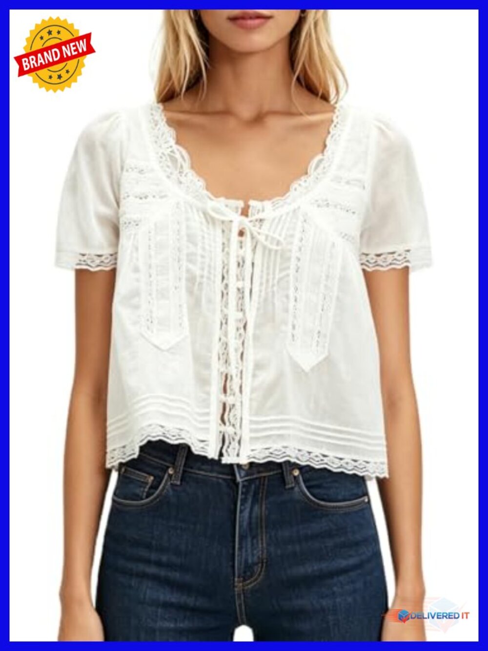 Women's Tie Front Ruffle Boho Blouse Flowy Sheer Lace Babydoll Top